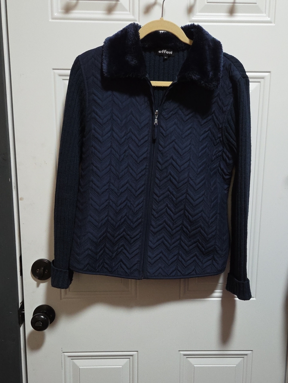 Navy Quilted Faux-Fur Collar Zip Jacket Vintage Size Large